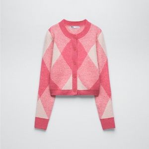 Zara Argyle Knit Cardigan Pink | Womens Knitwear | Ref # 5536/017/620